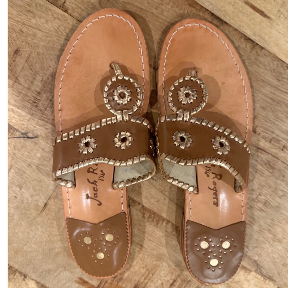 Jack Rogers Hamptons Flat Sandals Oak Brown Gold Whipstitch Leather Thong Slides - Picture 2 of 4